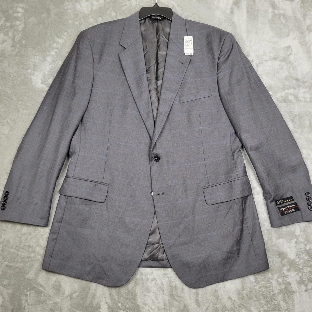 JO S A BANK Signature Collection Men's 46L Gray Blue Plaid 100% Wool Blazer Coat